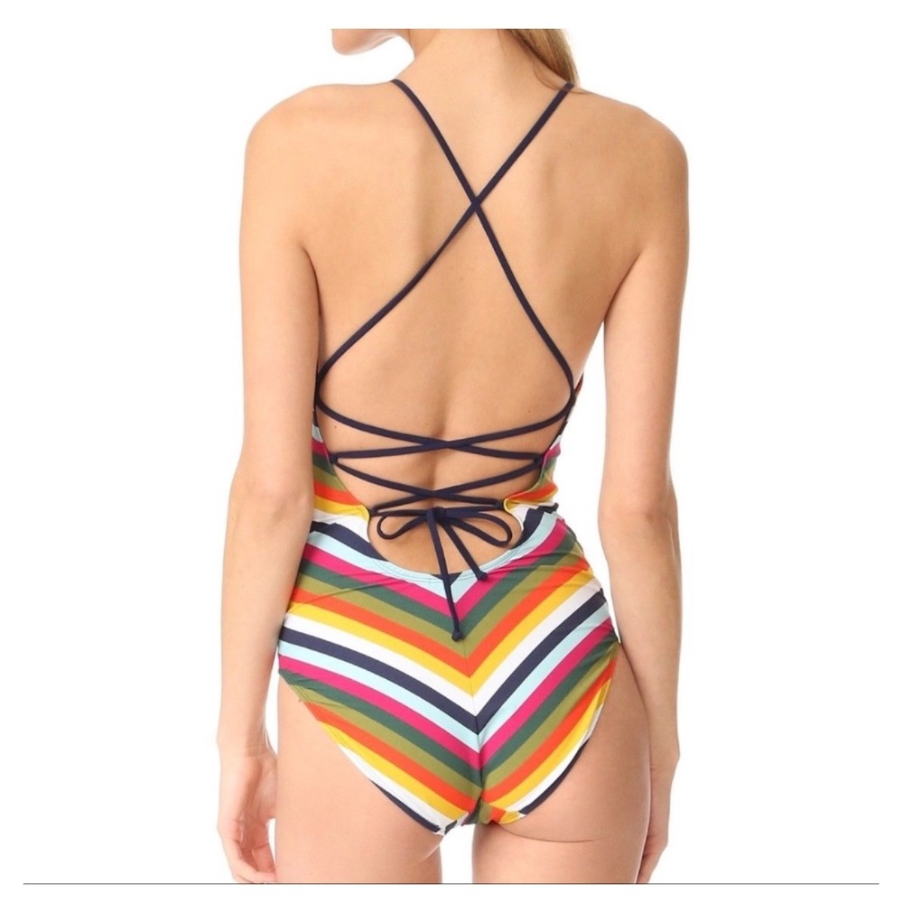 Tory Burch Swimsuit Small‎ Feliz Stripe One Piece Colorful Lattice Retro View 2